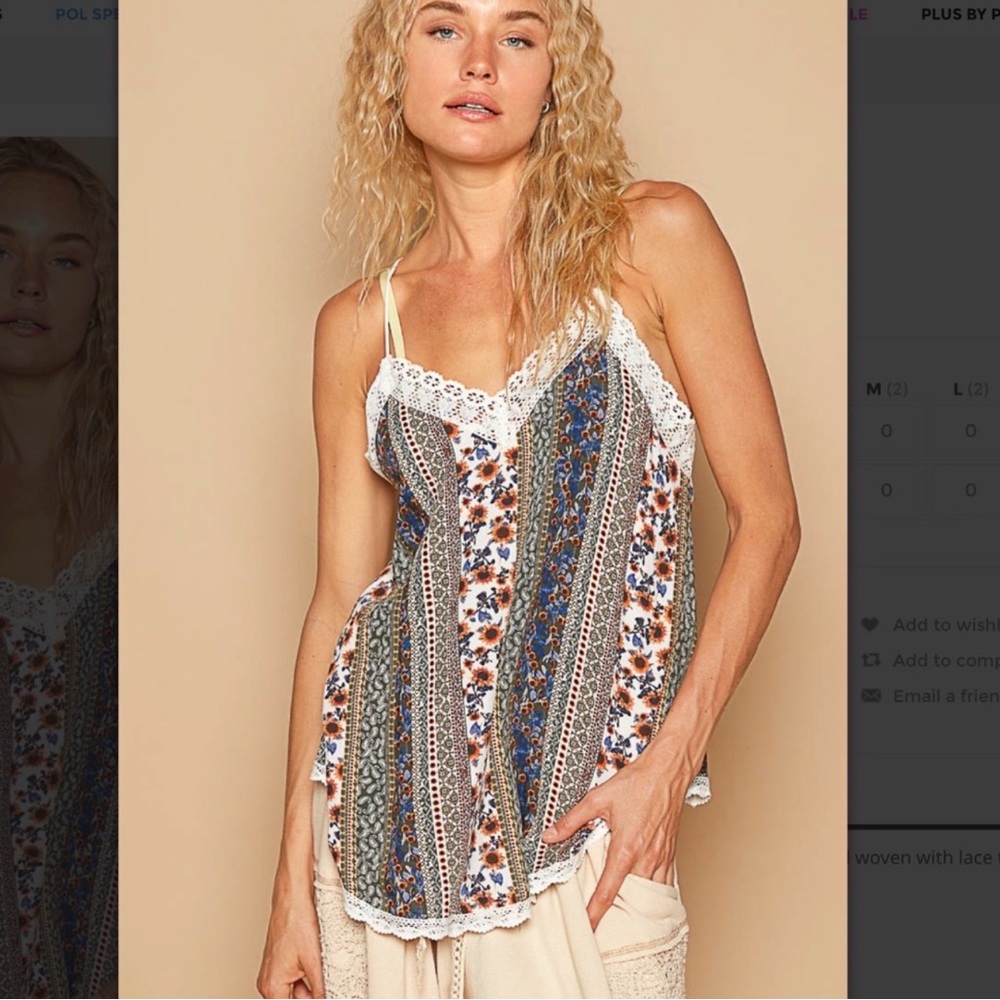 40B - POL Floral Lace Trim Camisole in Blue and White